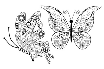 Vector set of сoloring book artistic antistress images, patterns. Decorative butterfly. Coloring book for adults
