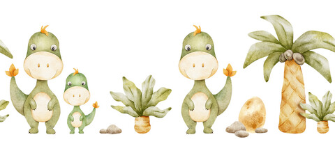 Mommy and baby dinosaurs, dino nest with egg, Palm trees and stones . Watercolor seamless border of...
