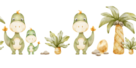 Mommy and baby dinosaurs, dino nest with egg, Palm trees and stones . Watercolor seamless border of dino. Banner of rex dino for children's invitation cards, baby shower, decoration of kid's rooms