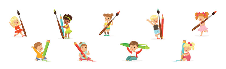 Funny Kids with Huge Paint Brush and Pencil Vector Set