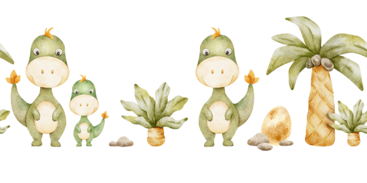 Mommy and baby dinosaurs, dino nest with egg, Palm trees and stones . Watercolor seamless border of dino. Banner of rex dino for children's invitation cards, baby shower, decoration of kid's rooms