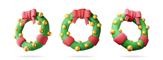 3D set of christmas wreath with glass balls. Render collection of evergreen tree, fir branches. Happy new year decoration. Merry christmas holiday. New year and xmas celebration. Vector illustration