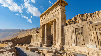 Fototapeta premium The entrance to the ancient temple ofcity, in an oasis on top of mountainous land with blue sky and white clouds