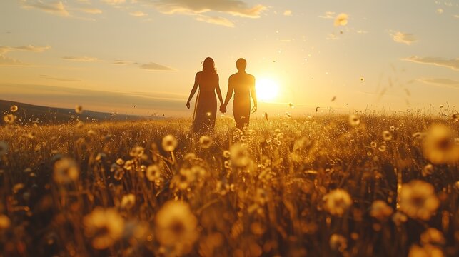 Silhouette of a couple holding hands in a blooming field at sunset, with warm sunlight and soft focus on nature.