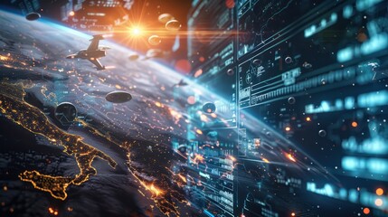 Fototapeta premium Analyzing global conflict trends with military technology and cyber warfare statistics. Concept Global Conflict Trends, Military Technology, Cyber Warfare Statistics, Analysis