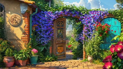 suburban cottage with a vibrant garden gate covered in morning glories, leading to a hidden garden with a vintage sundial