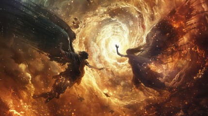 Angel and demon locked in an eternal dance around a dying star battling for its fate