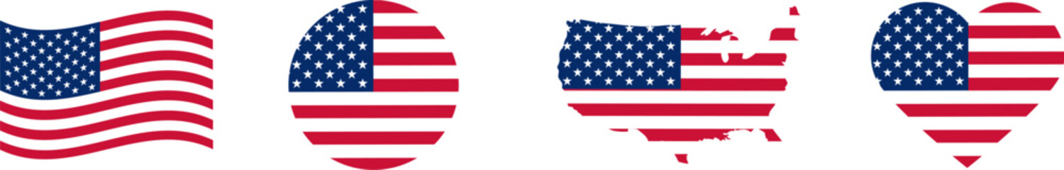 USA flag icons vector set. United States of America flat  badges.Flag of usa vector flat symbol collection.USA flag labels set.Set of American flag icons in the shape of heart.