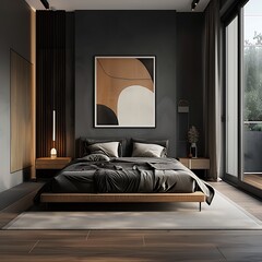 Beautiful Colored Mockup Bedroom Interior with Blank Poster Decoration Art Background Image generative AI
