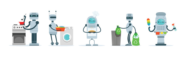 Robots Do Housework and Domestic Chores Vector Set