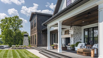 suburban farmhouse with a striking contrast of dark wood panels and white plaster, featuring a large stone fireplace on the porch