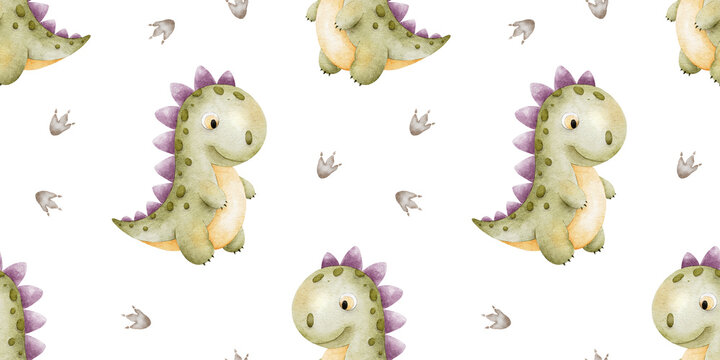 Cute green tirex dino, Dinosaurs and footprints. Print with tyrannosaurus rex. Watercolor seamless pattern for design kid's goods cards, postcards, fabric, scrapbooking, office supplies