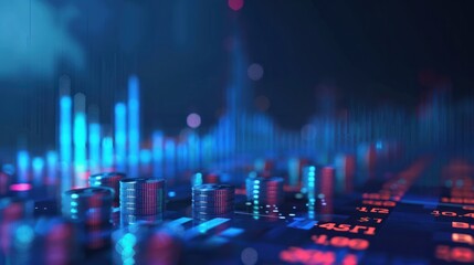 Blue money business graph finance chart diagram on economy 3d coin background with growth financial data concept or investment market profit bar and success market stock technology currency report.