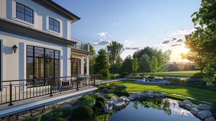 Fototapeta premium suburban farmhouse with a large, elegant balcony overlooking a backyard designed with natural stone and a tranquil pond