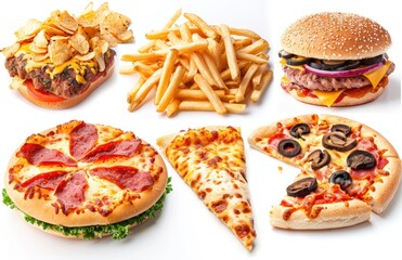 A cheeseburger, pizza slices, pepperoni pizza, and french fries on a white background