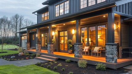 Obraz premium suburban modern farmhouse with a blend of rustic and industrial design elements, featuring an inviting front porch with modern lighting