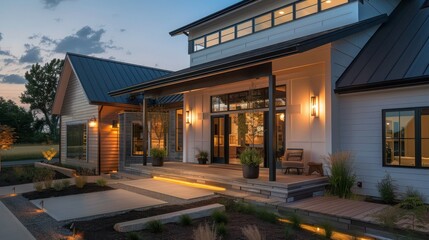 suburban modern farmhouse with a blend of rustic and industrial design elements, featuring an inviting front porch with modern lighting