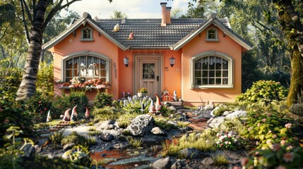 suburban cottage with a pastel peach exterior, featuring bay windows and a front garden with a whimsical gnome village and a small stream