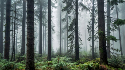 Enchanted Vintage Misty Fir Forest Landscape - Generative AI