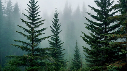 Fototapeta premium Enchanted Vintage Misty Fir Forest Landscape - Generative AI