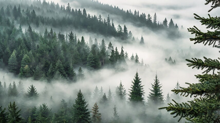 Fototapeta premium Enchanted Vintage Misty Fir Forest Landscape - Generative AI
