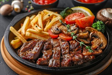 Fototapeta premium Gourmet skillet with assorted meats fries mushrooms and veggies