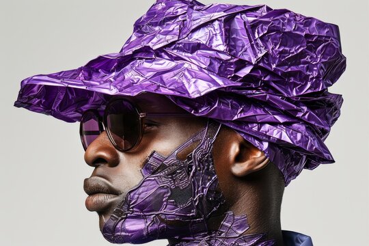 Man wearing a crinkled purple hat and sunglasses highlighting unique fashion bold style and creative expression