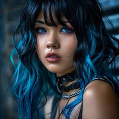 Naklejka premium portrait of a girl, vivid color, black wig with blue