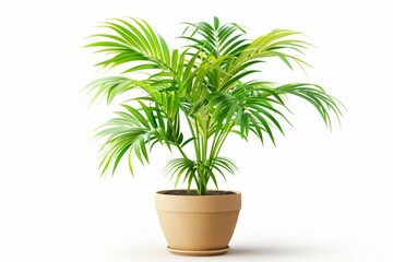 Fototapeta premium Green howea palm tree in white pot on white background
