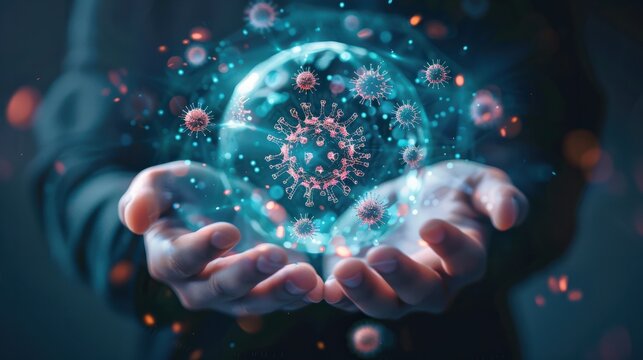 Digital composite of hands holding a holographic globe with virus particles, emphasizing worldwide inter connectivity during a pandemic.