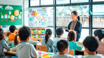 a Japanese teacher conducting a class in a modern classroom, with students actively participating, using educational tools, and engaging in group activities, Families in Japan, Jap