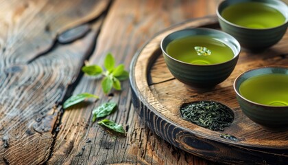 Green tea cups on wooden table