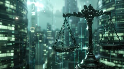 Digital Scales of Justice: The Intersection of Law and Technology. Concept Law, Technology, Digital Justice, Legal Innovation, Ethical Dilemmas