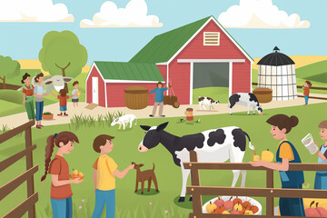Naklejka premium A group of people are at a farm, feeding animals and picking apples