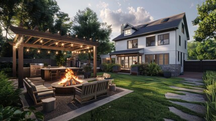 classic suburban farmhouse with a large backyard designed for entertaining, including a fire pit, outdoor kitchen, and a custom-built wooden gazebo