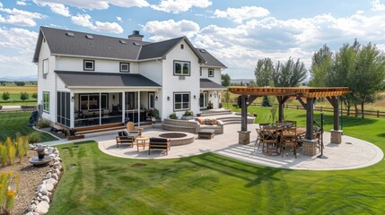 classic suburban farmhouse with a large backyard designed for entertaining, including a fire pit, outdoor kitchen, and a custom-built wooden gazebo