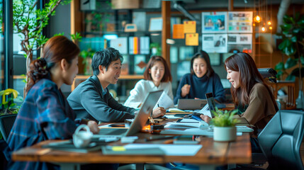 Obraz premium a group of Japanese translators and interpreters in a modern office, translating documents, conducting video calls, and collaborating on projects, Families in Japan, Japanese langu
