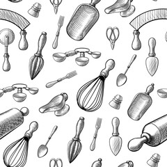 Vector seamless pattern of vintage kitchen utensils in a sketch, line, engraving style