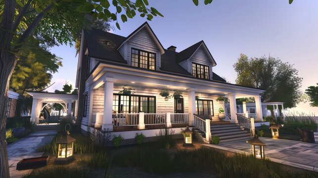classic suburban farmhouse with a twist of modern design, featuring a wrap-around porch and stylish outdoor lanterns