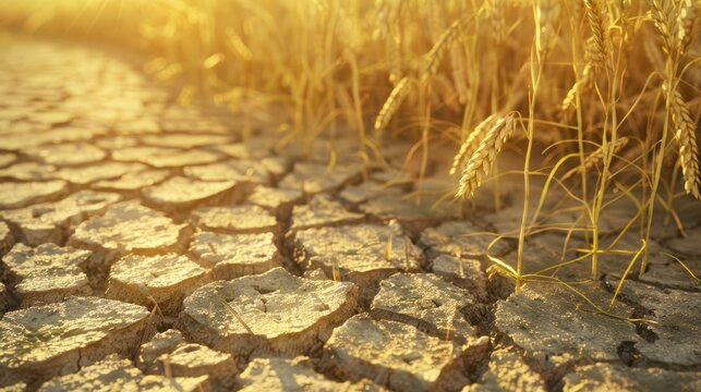 Dried crops close up over a cracked dry land draught food crisis concept, land, crops, concept, over, draught, food, close