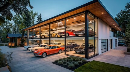 Fototapeta premium Contemporary suburban farmhouse with a transparent glass garage showcasing a collection of vintage cars, visible from the street