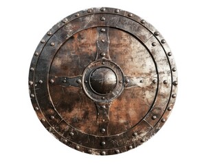 Fototapeta premium Gladiator Shield. Mediaeval Viking Warrior Round Metal Shield Isolated on White Background