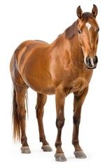 Horse Front. Bay Horse Standing Isolated on White Background in Studio Setting