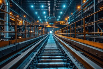 A perspective view of industrial railway tracks leading into a brightly lit factory