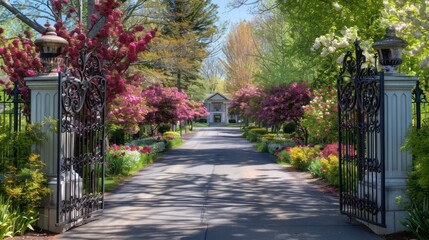 Obraz premium Elegant suburban farmhouse with an ornate wrought iron gate, leading to a long driveway flanked by mature flowering trees