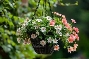 Hanging floral basket in the yard