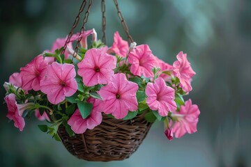 Hanging basket with pink petunias