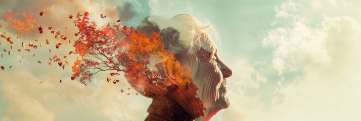 World Alzheimer's Month. Head of old woman surrounded by red leaves, blue background. Horizontal banner, copy space. Portrait of elderly person symbolizing brain dysfunction. Degenerative disorder