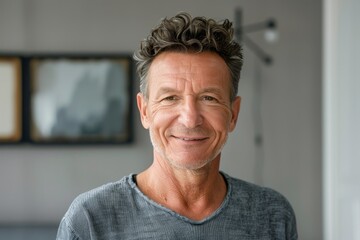 Happy middle aged man posing for close up portrait at home