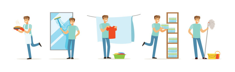 Man Character Doing Household and Domestic Chores Vector Set